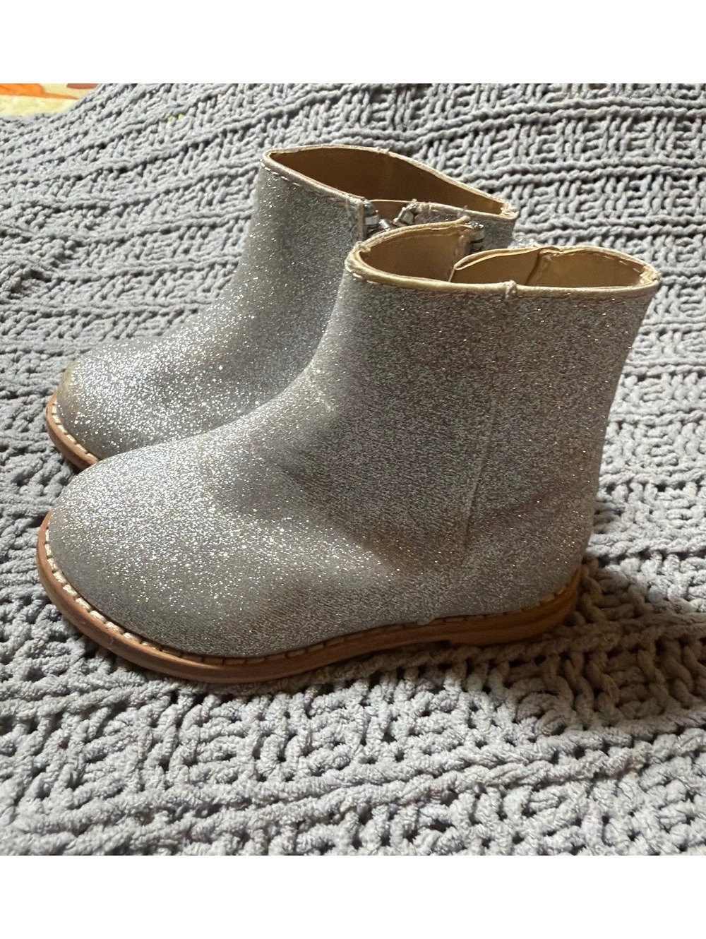 Janie and Jack Girls Silver Glitter Ankle Boots Side Zip Dress Shoes Size 1